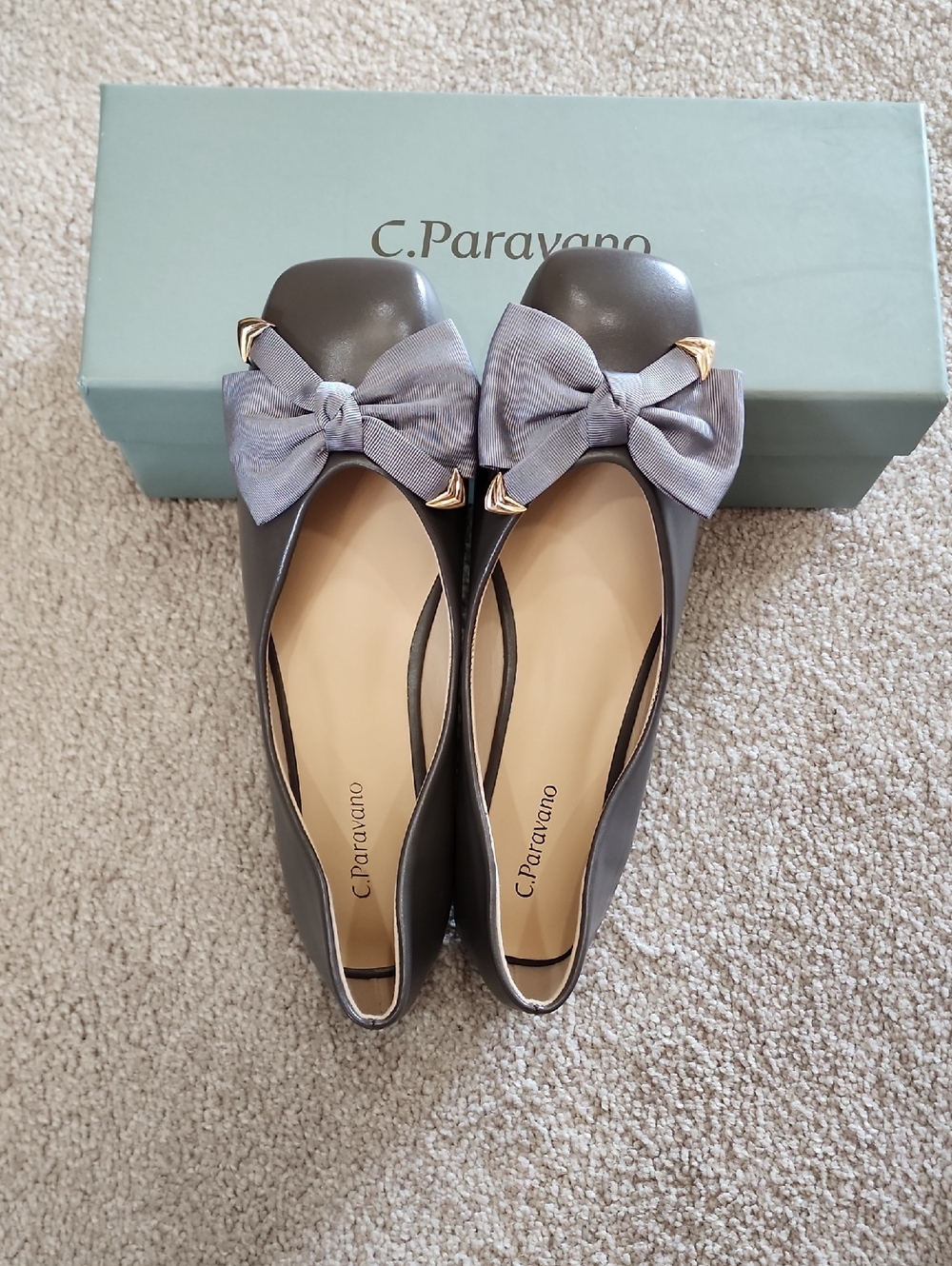 C. Paravano Gray Leather Ballet Flats with Bow Accent